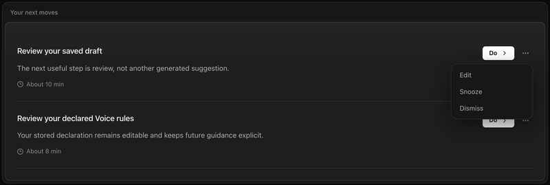 Suggestions in Postglow, each with its reason.