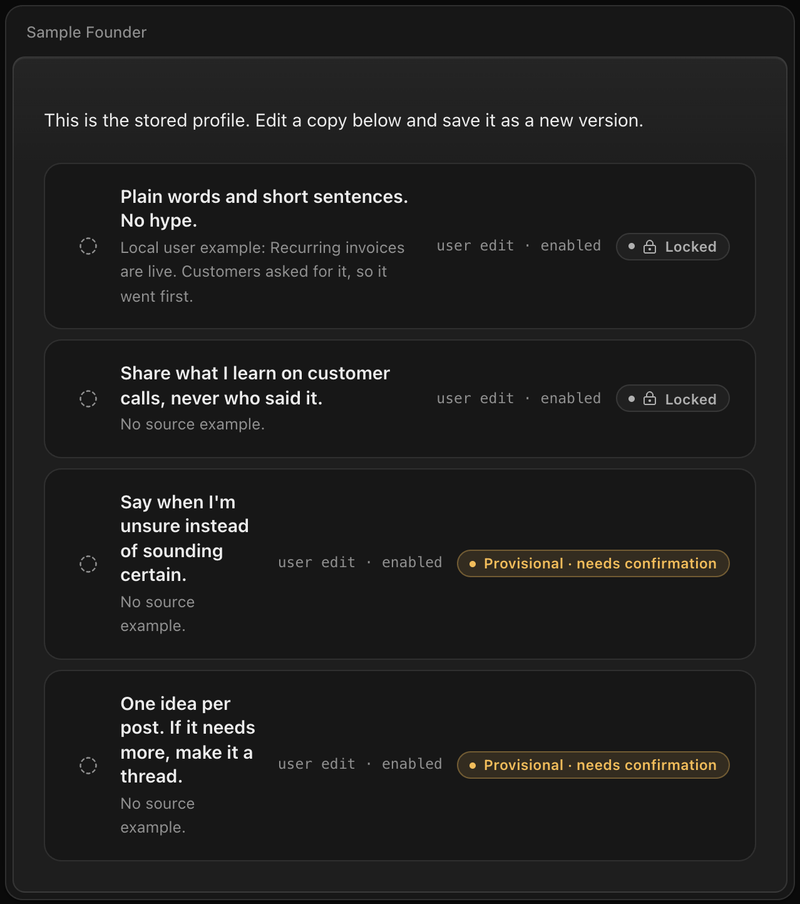 Voice rules in Postglow, one of them locked.